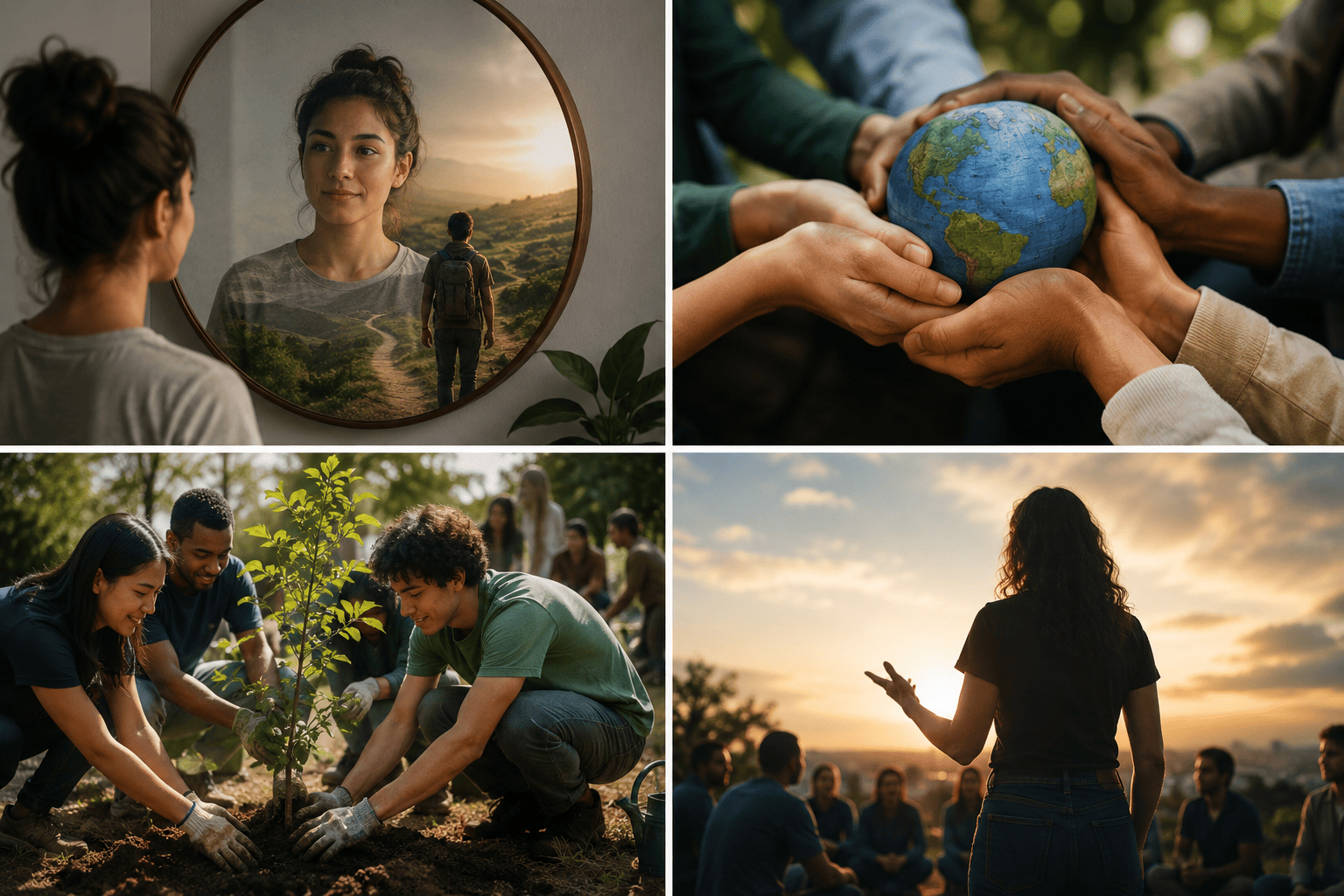 A four-part image showing personal growth, teamwork, community action, and inspiring leadership — all symbolizing the journey of becoming a changemaker.