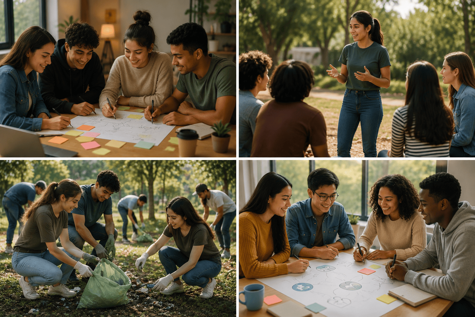 A four-part image showing young people planning ideas, leading discussions, volunteering outdoors, and collaborating on community projects together.