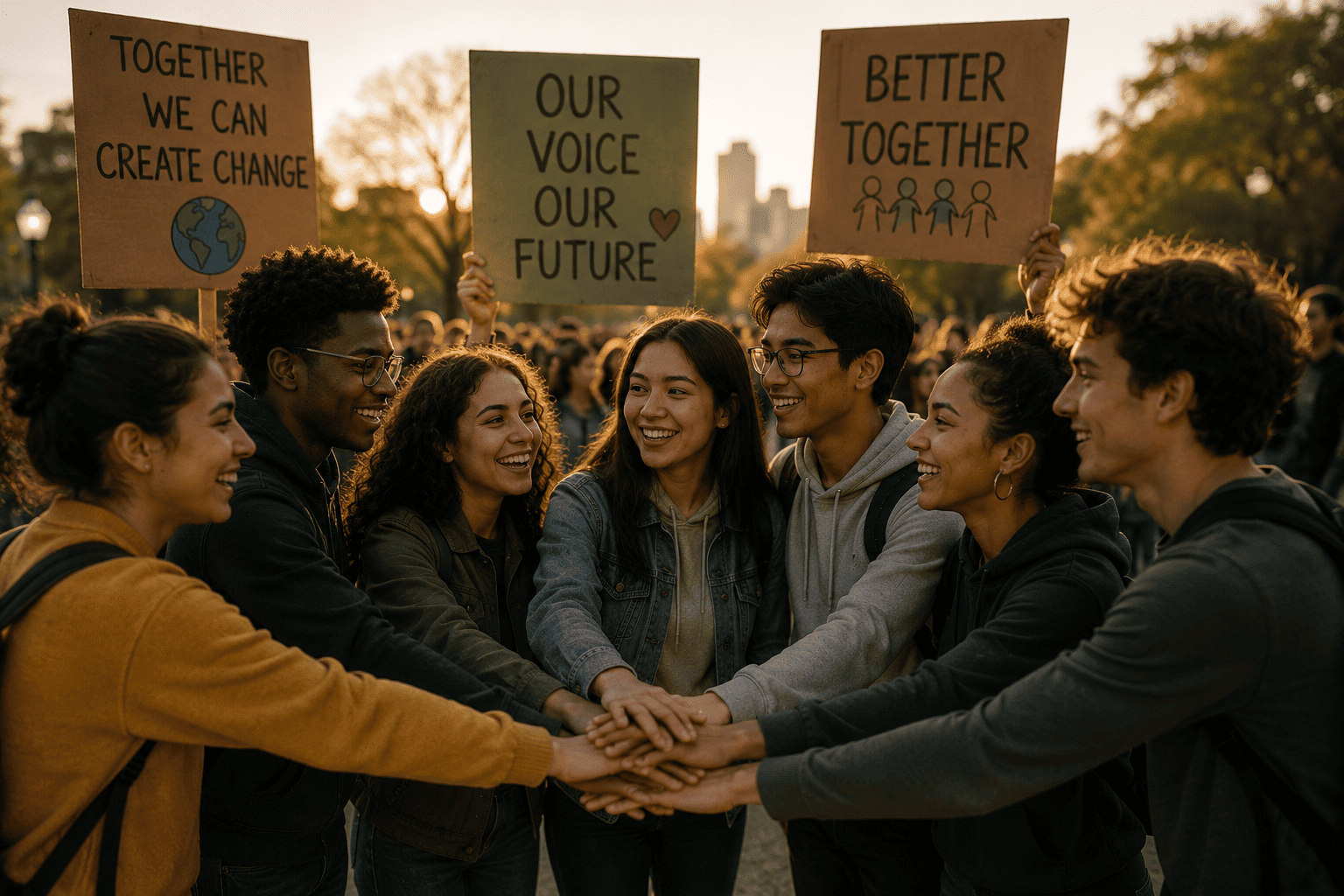 A group of diverse young people stand together outdoors at sunset with their hands joined in the center, smiling and showing unity during a community movement or social cause gathering.