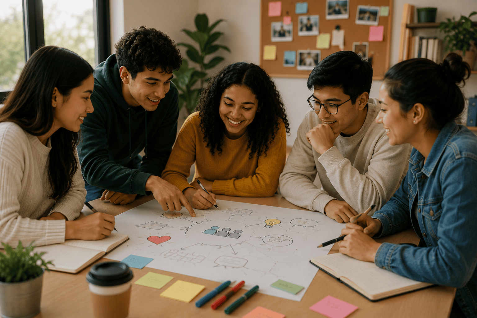 A group of young people sit together around a table, smiling and brainstorming ideas on a large paper filled with drawings and symbols, creating a warm and collaborative atmosphere.