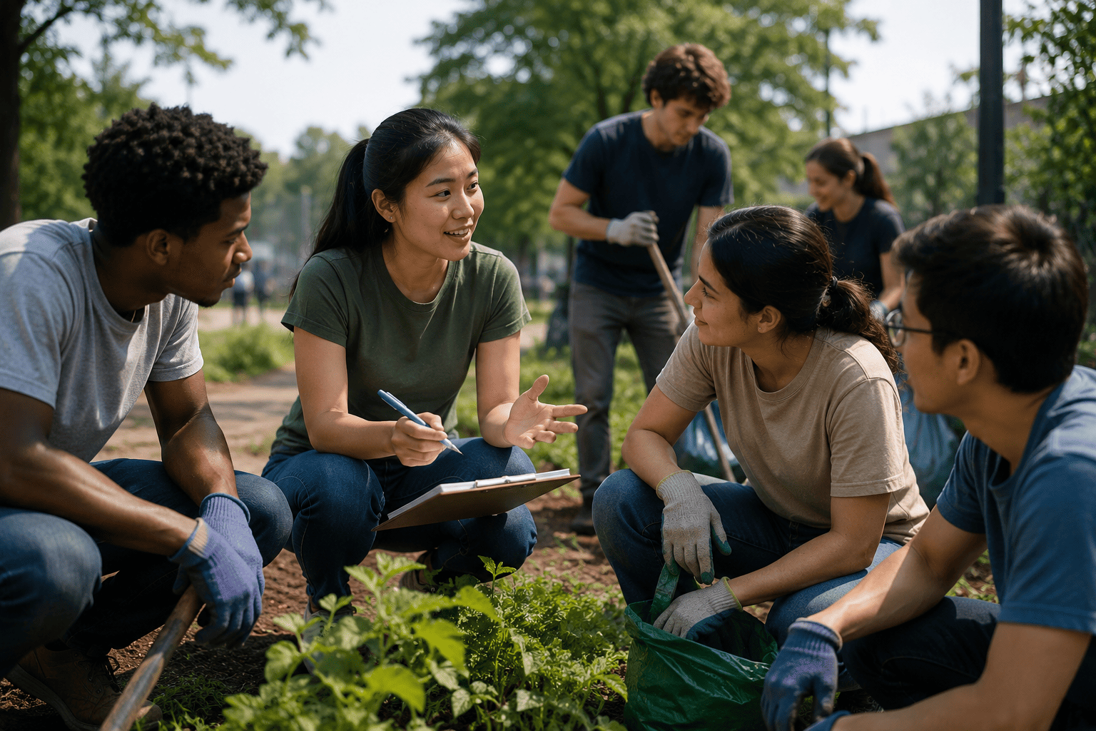 A group of young volunteers work together in a park while one person guides a discussion, showing teamwork, collaboration, and leadership during a community activity.