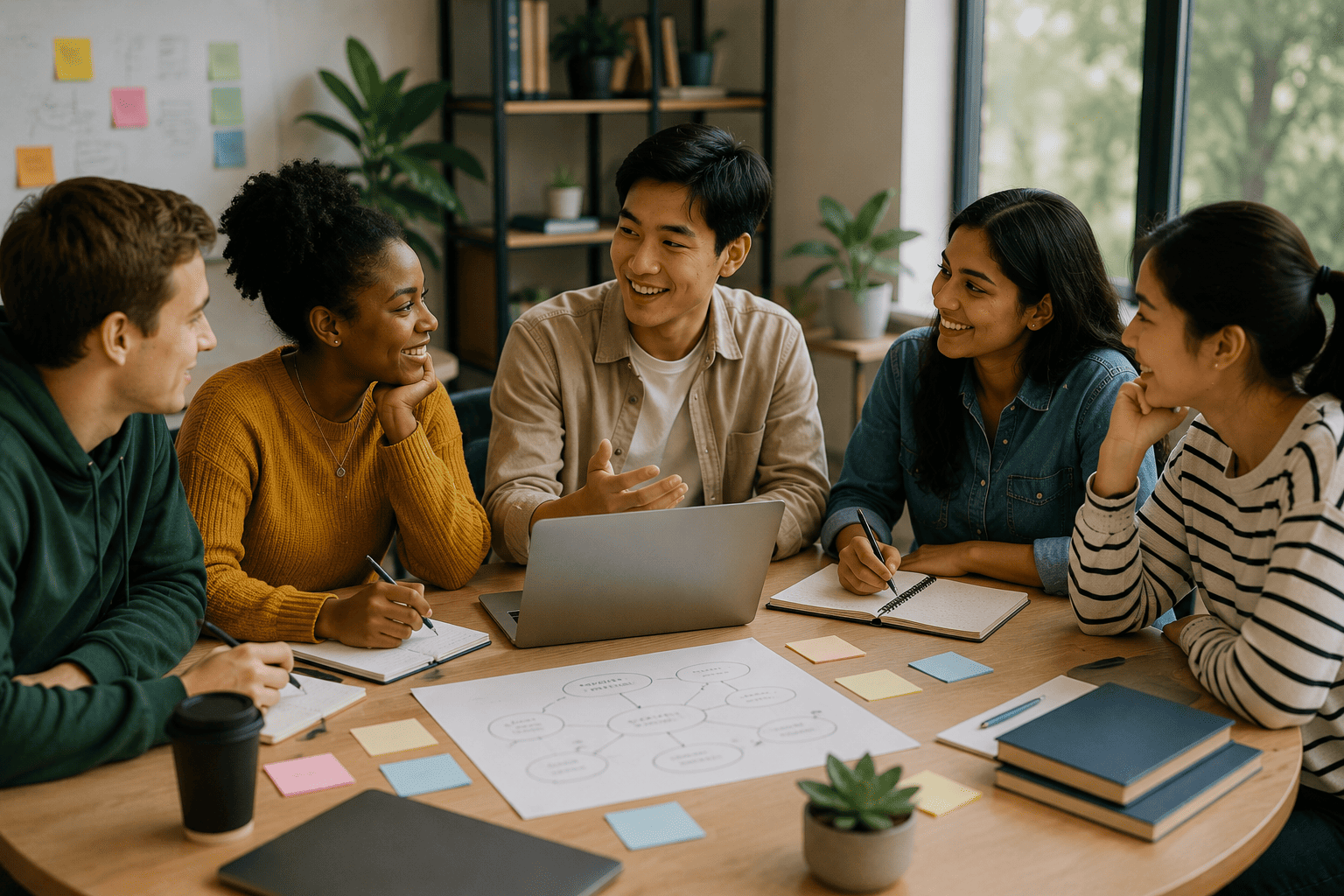 A group of young people sit together around a table, smiling and listening to one another during a team discussion, showing trust, collaboration, and positive communication.