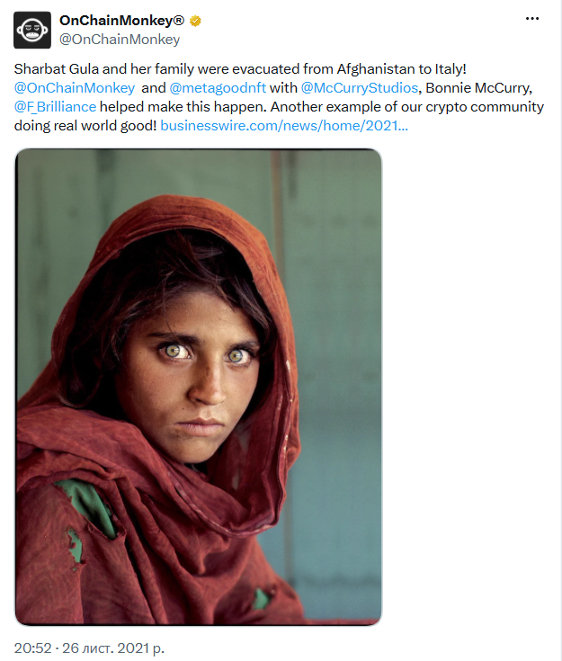 Screenshot of a tweet by OnChainMonkey announcing the evacuation of Sharbat Gula and her family from Afghanistan to Italy, featuring Steve McCurry's famous "Afghan Girl" portrait.