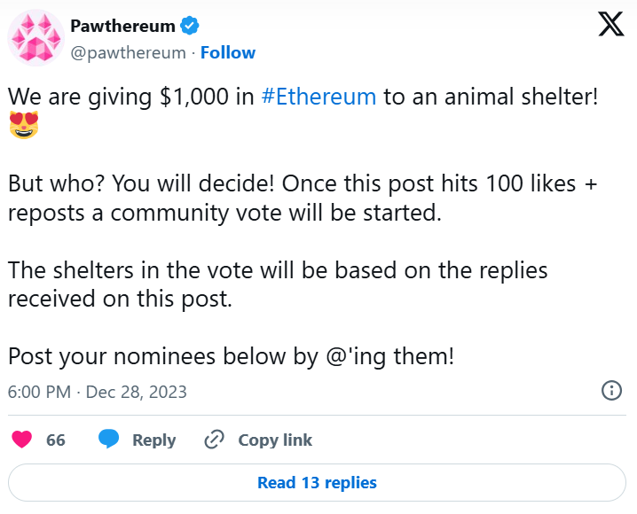 Screenshot of an X post by Pawthereum announcing a $1,000 Ethereum donation giveaway to an animal shelter chosen by community vote.