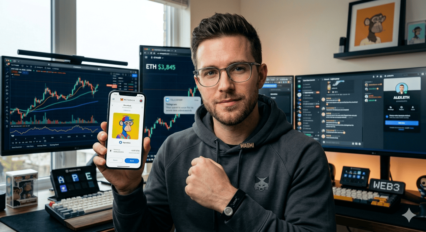 A man demonstrating a digital collectible (NFT) on a smartphone screen. He is surrounded by professional trading equipment, including multiple screens showing cryptocurrency analytics and real-time data.
