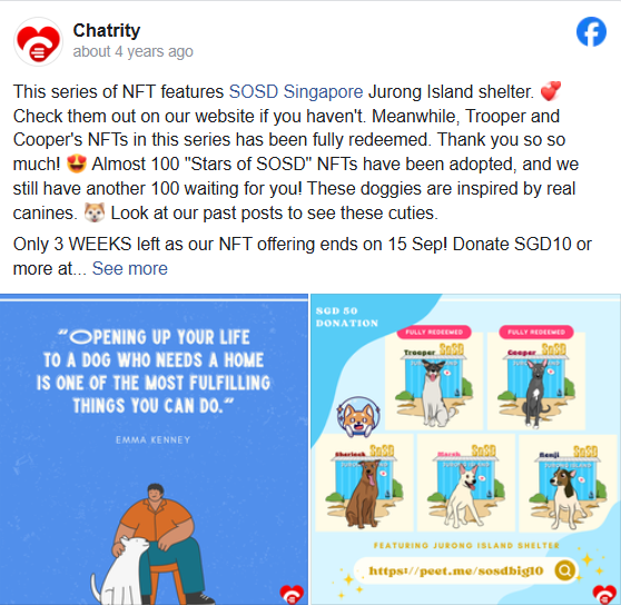 Screenshot of a Facebook post by Chatrity promoting an NFT charity collection featuring shelter dogs from SOSD Singapore's Jurong Island shelter.