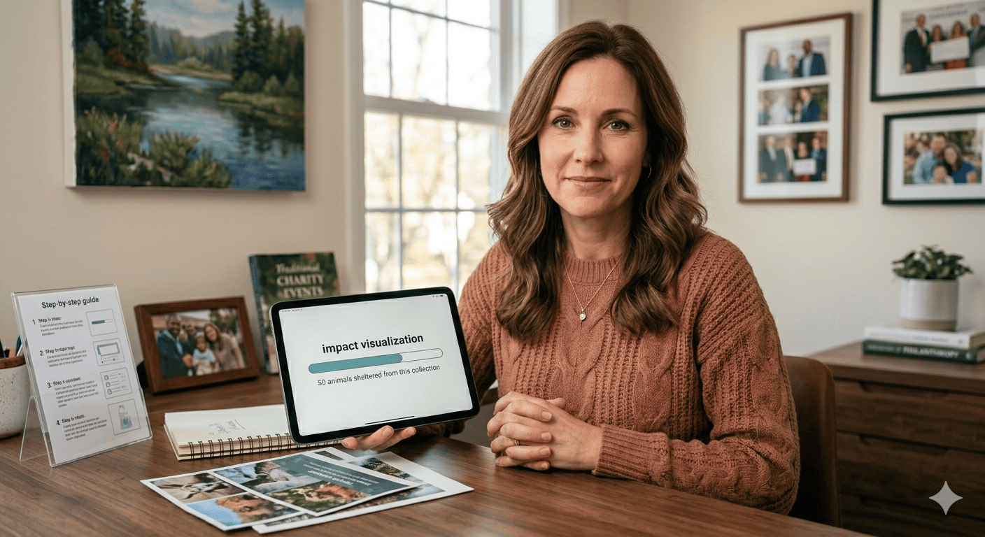 A woman presenting charitable results on a tablet. The on-screen text indicates that 50 animals have been sheltered thanks to the collection. The office background includes framed family photos and a nature landscape painting.