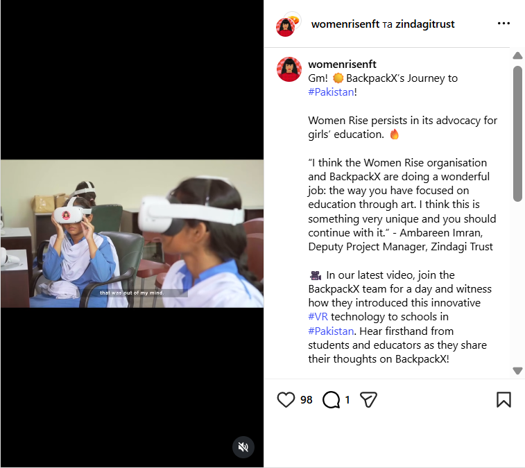 Screenshot of an Instagram video post by womenrisenft and zindagitrust showing Pakistani schoolgirls wearing VR headsets during an educational program by BackpackX.