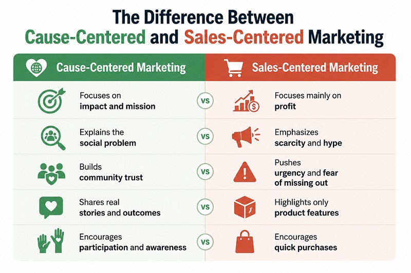 Visualization of the differences between cause centered and sales centered marketing
