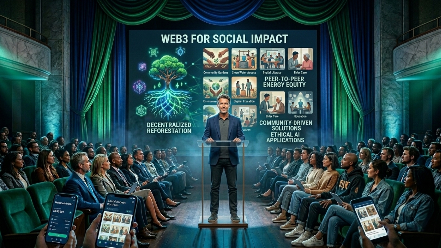 A realistic, wide photograph of a modern male speaker in a smart-casual suit standing on a theater stage with green and blue curtains. He presents a large digital screen titled "Web3 for Social Impact," showcasing NFT graphics related to decentralized reforestation and community projects. A diverse audience sits in theater seats, looking at him and holding smartphones displaying digital wallets.