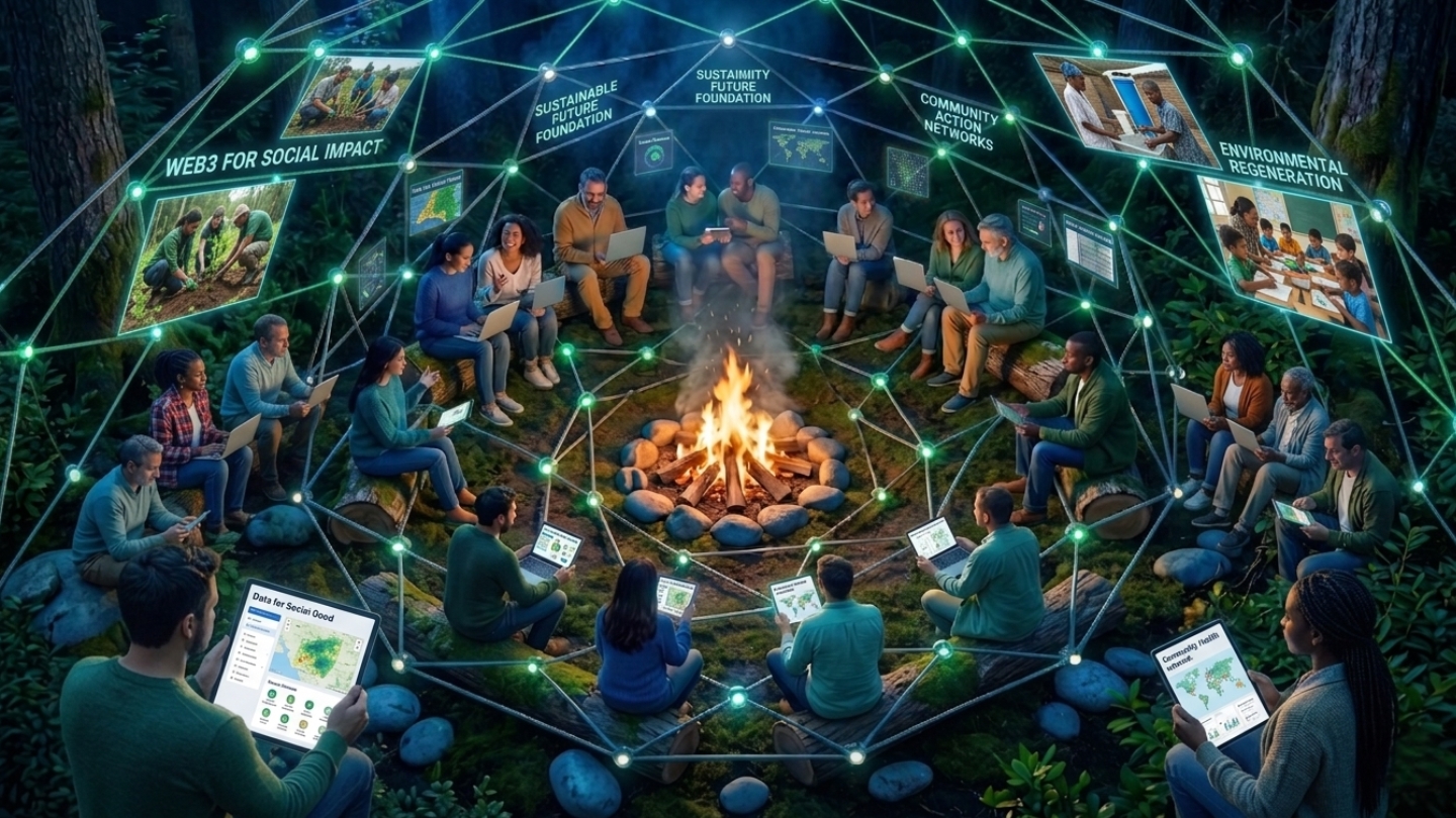 A realistic, wide-angle image of a diverse group of people sitting around a campfire inside a large, glowing green digital geodesic dome in a lush forest. Everyone is sitting inside the dome on logs, wearing casual clothes, and interacting with laptops and tablets. Large, subtle digital screens showing social and environmental impact projects float within the dome’s structure.