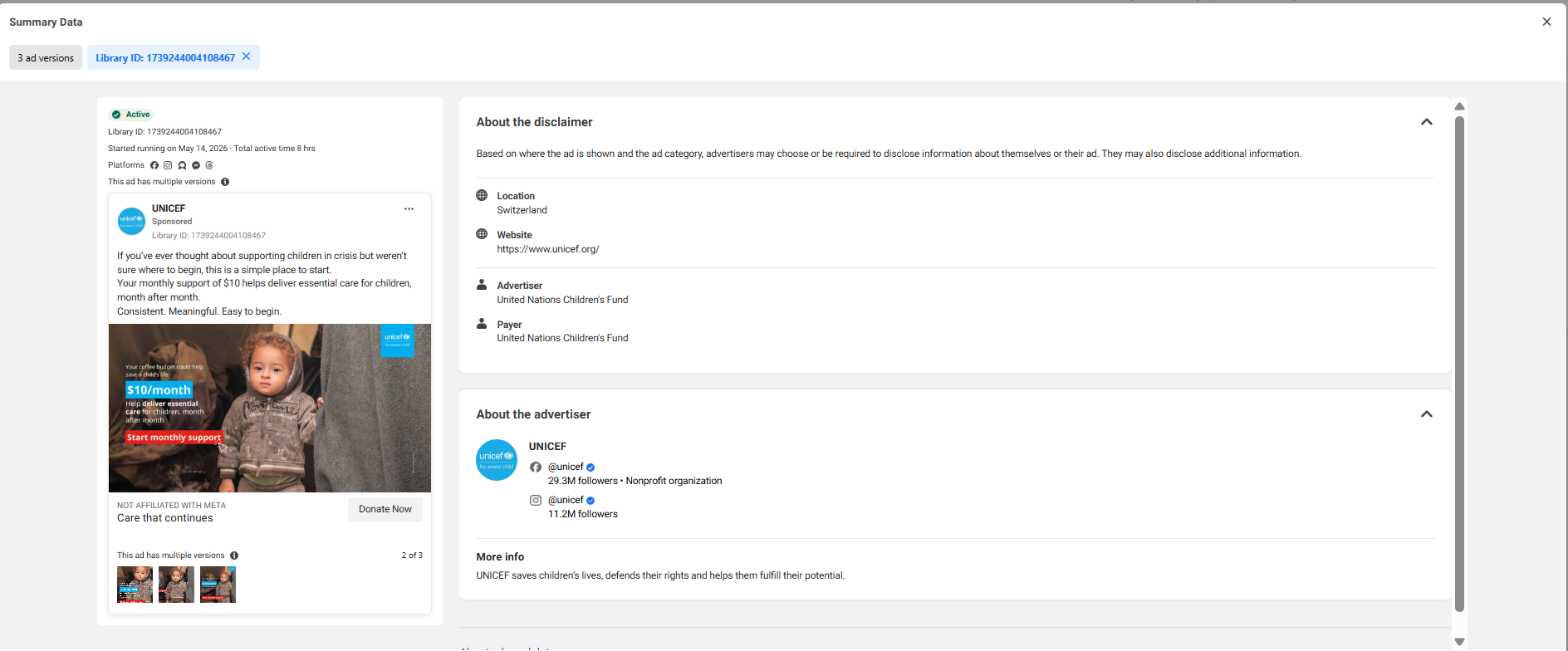A UNICEF targeted ad in the Meta Ad Library asking for a $10 monthly donation to support children in crisis.