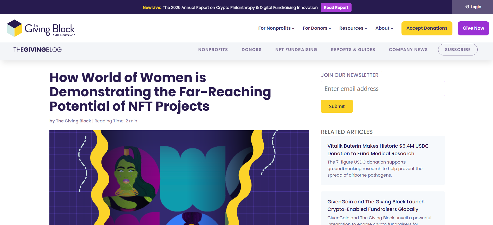 A screenshot of The Giving Block's blog featuring an article titled "How World of Women is Demonstrating the Far-Reaching Potential of NFT Projects." The page includes a colorful featured image, a newsletter sign-up widget, and a top banner promoting their 2026 Annual Report on Crypto Philanthropy.