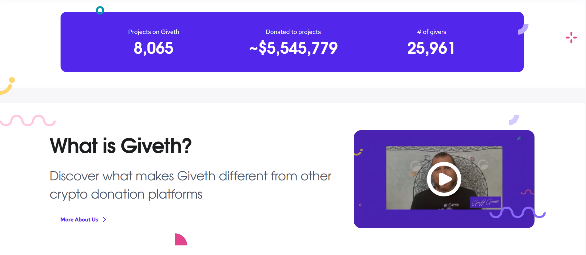 The Giveth platform homepage demonstrating the use of transparent "Hero Metrics" to build trust. A top banner highlights millions of dollars donated across thousands of projects, immediately followed by an engaging introductory video explaining their unique crypto donation model.