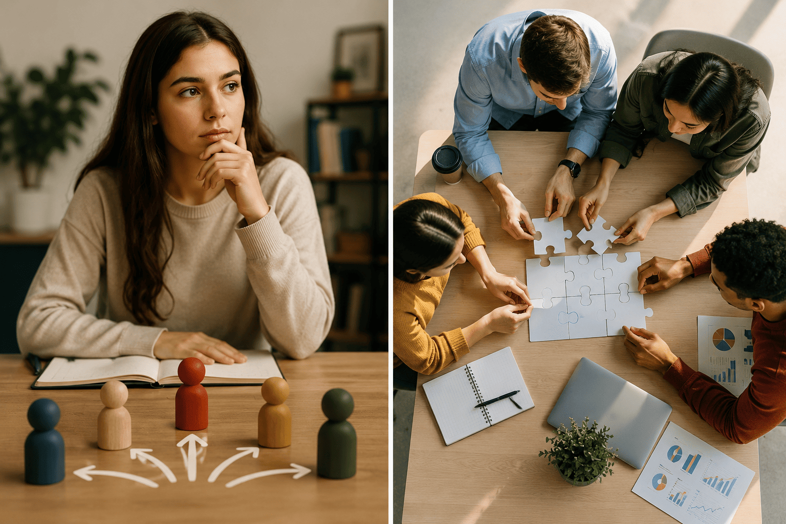 A reflective young woman considers leadership and decision-making while, beside her, a diverse team collaborates on a puzzle together. The image represents self-awareness, teamwork, and shared responsibility.