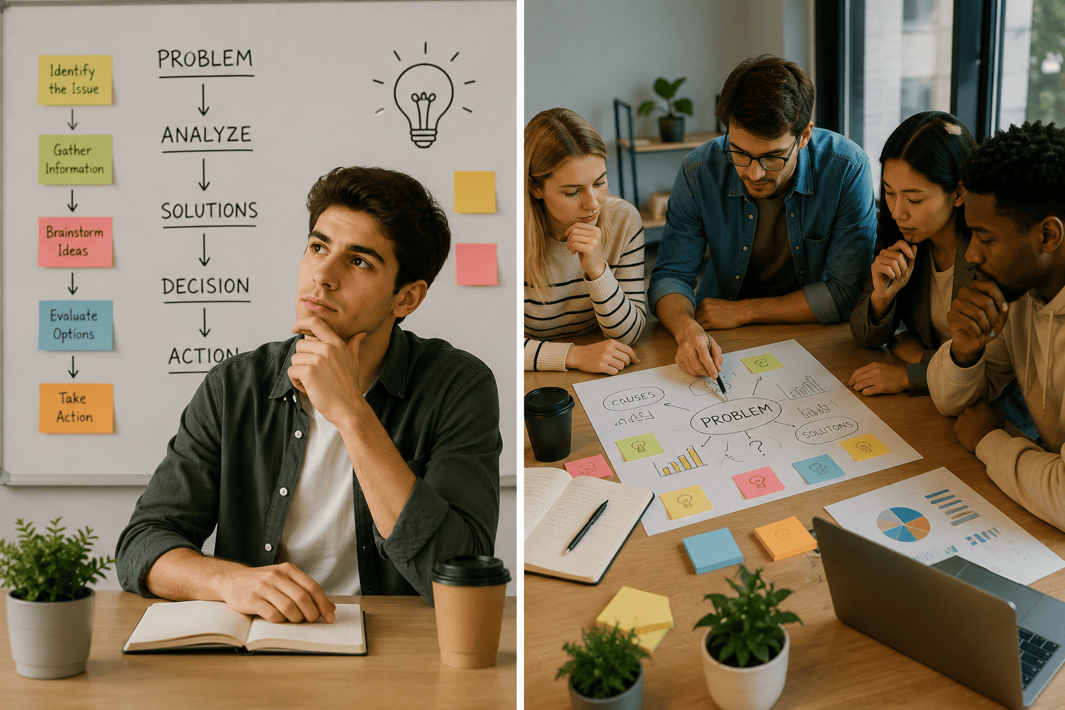 A thoughtful young man sits at a desk reflecting on a problem-solving process shown behind him, while beside him a small team collaborates around a table covered with notes, charts, and diagrams. The image represents organized thinking, teamwork, and structured decision-making.