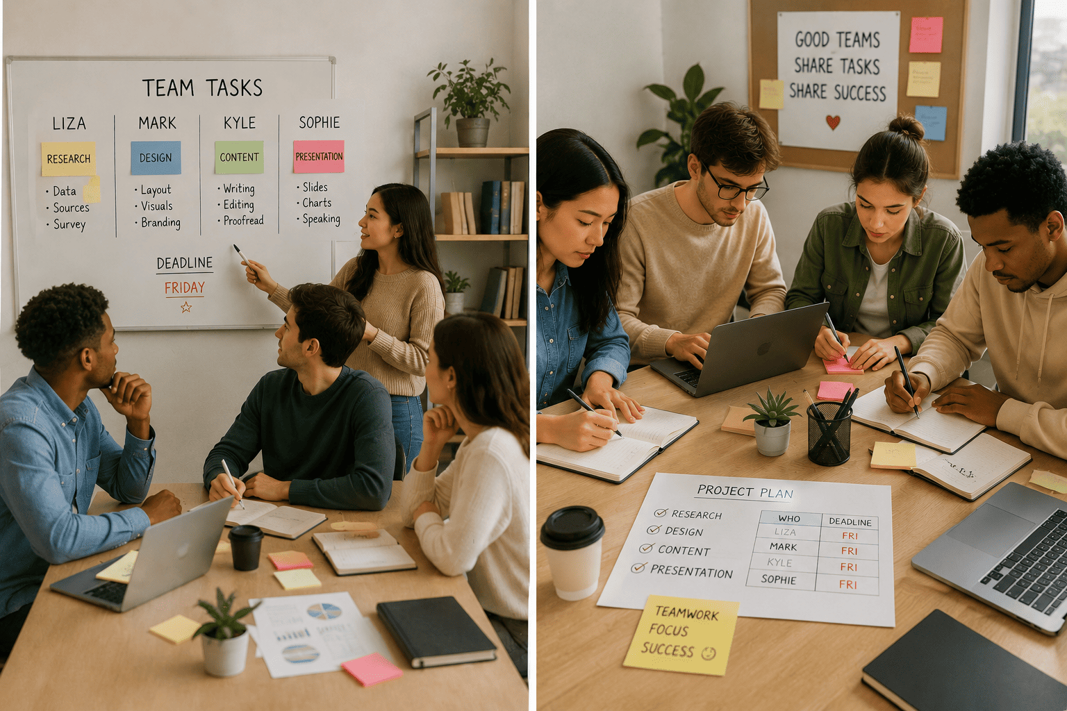 The image shows a team of young adults working together in a modern office environment. On one side, a woman stands beside a whiteboard assigning different project responsibilities and deadlines to team members. On the other side, the group collaborates around a table filled with laptops, notebooks, sticky notes, and a project plan. The scene represents delegation, organization, teamwork, and shared responsibility within a project.