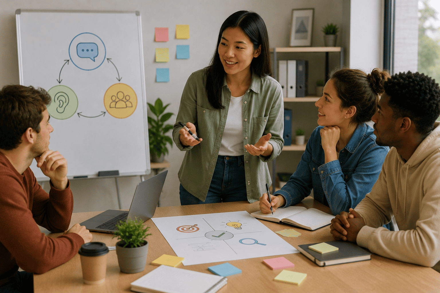 A group of young adults sits around a table in a bright office, discussing ideas and planning together. One woman leads the conversation while others listen, write notes, and collaborate using laptops, sticky notes, and visual planning materials. The image represents teamwork, communication, and inclusive project planning.
