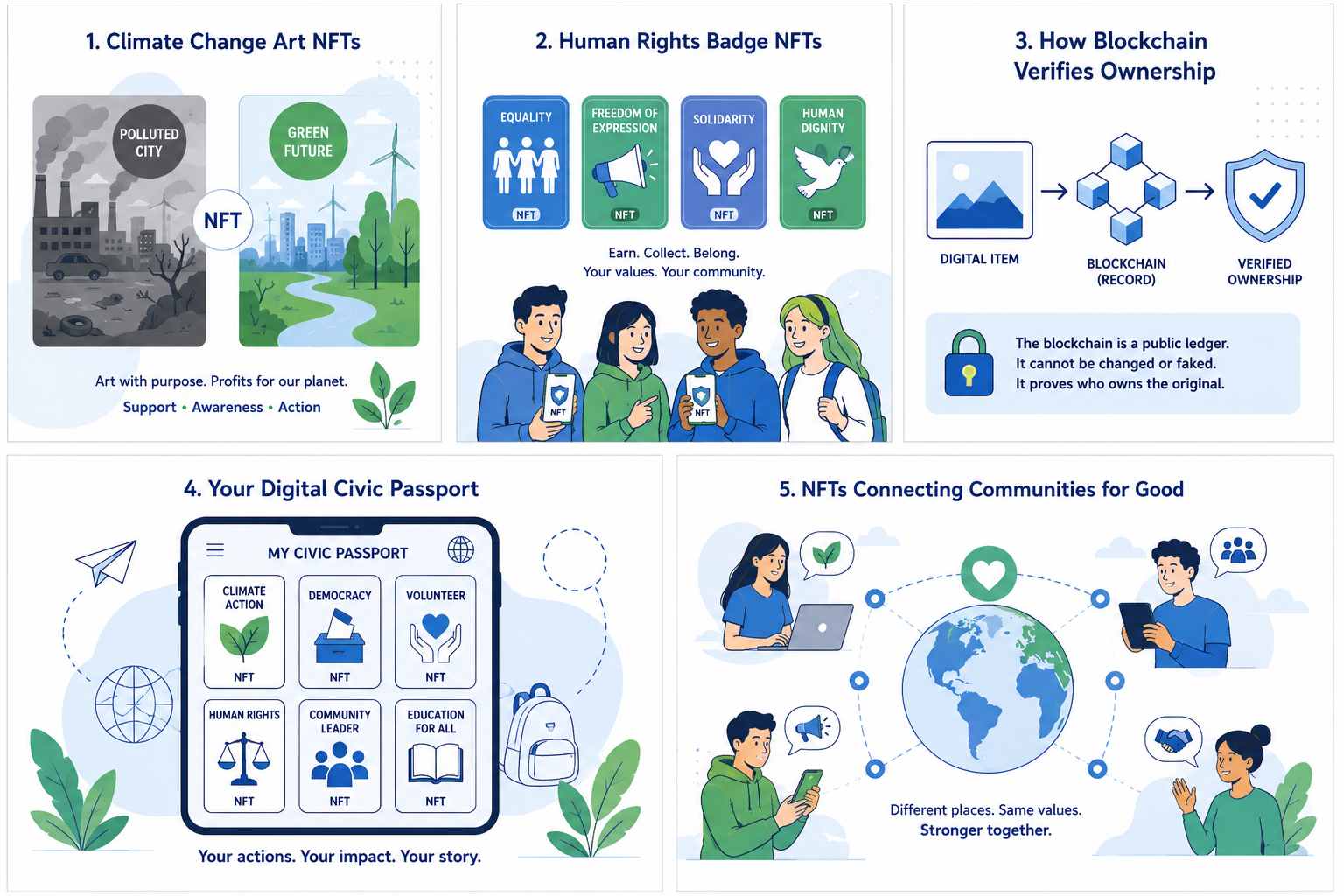 Figure 1. Examples of how NFTs can be used to promote civic participation and social impact.